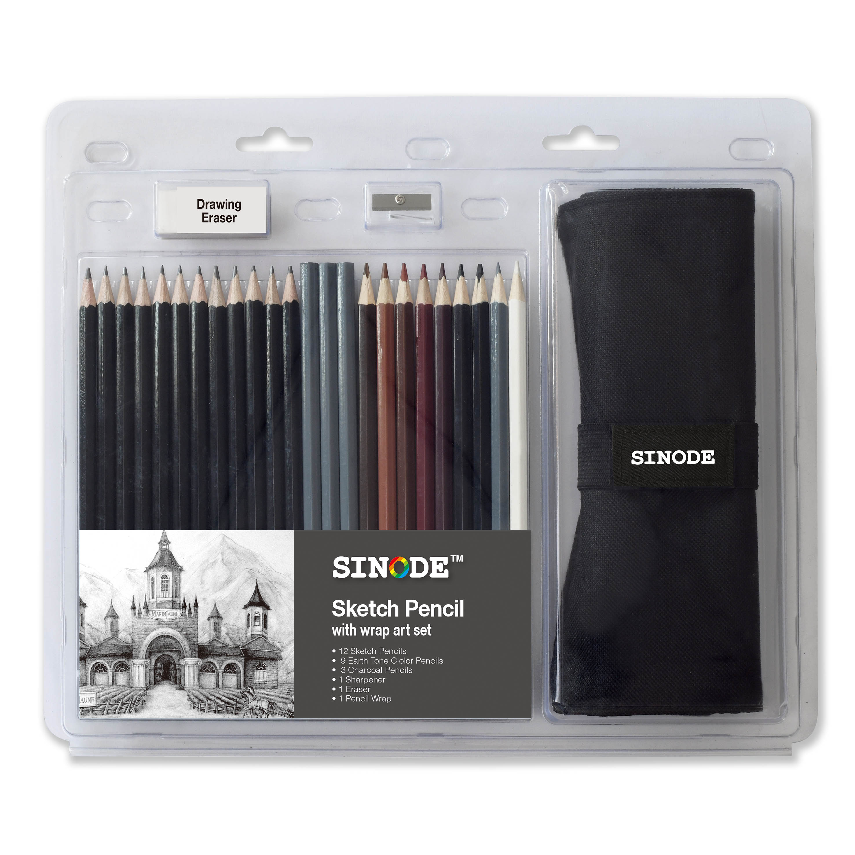 Clamshell Art Set - 24pc sketch pencil with pencil wrap-J0549021